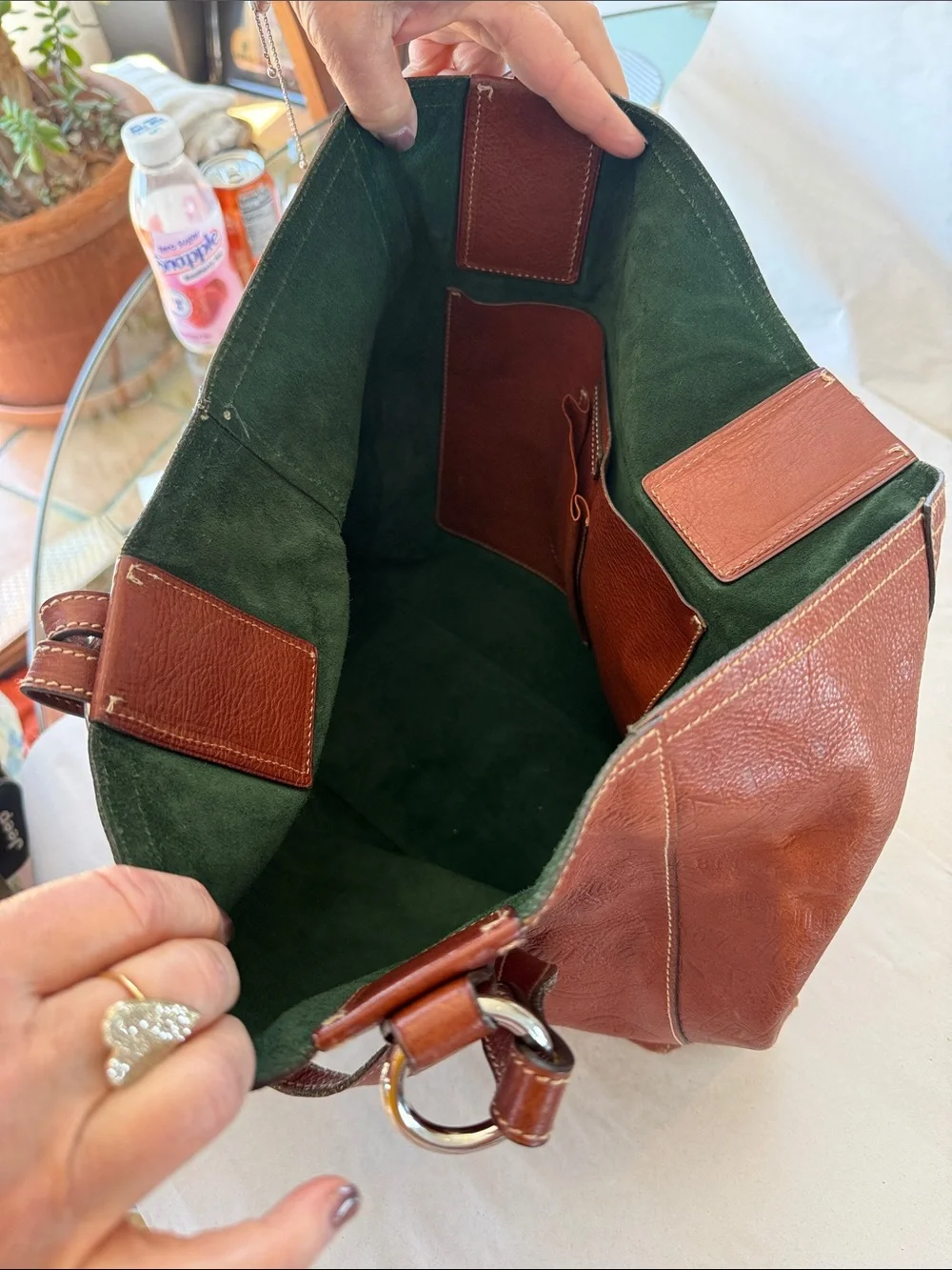 Ralph Lauren Leather Handbag in Terracotta and Forest Green Suede